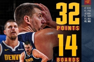 32+14+14！掘金发布约基奇数据海报：这些都是32分钟里做到的